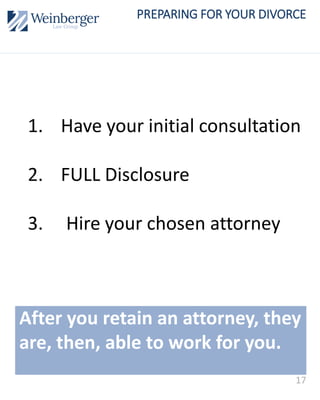PREPARING FOR YOUR DIVORCE
17
After you retain an attorney, they
are, then, able to work for you.
1. Have your initial consultation
2. FULL Disclosure
3. Hire your chosen attorney
 