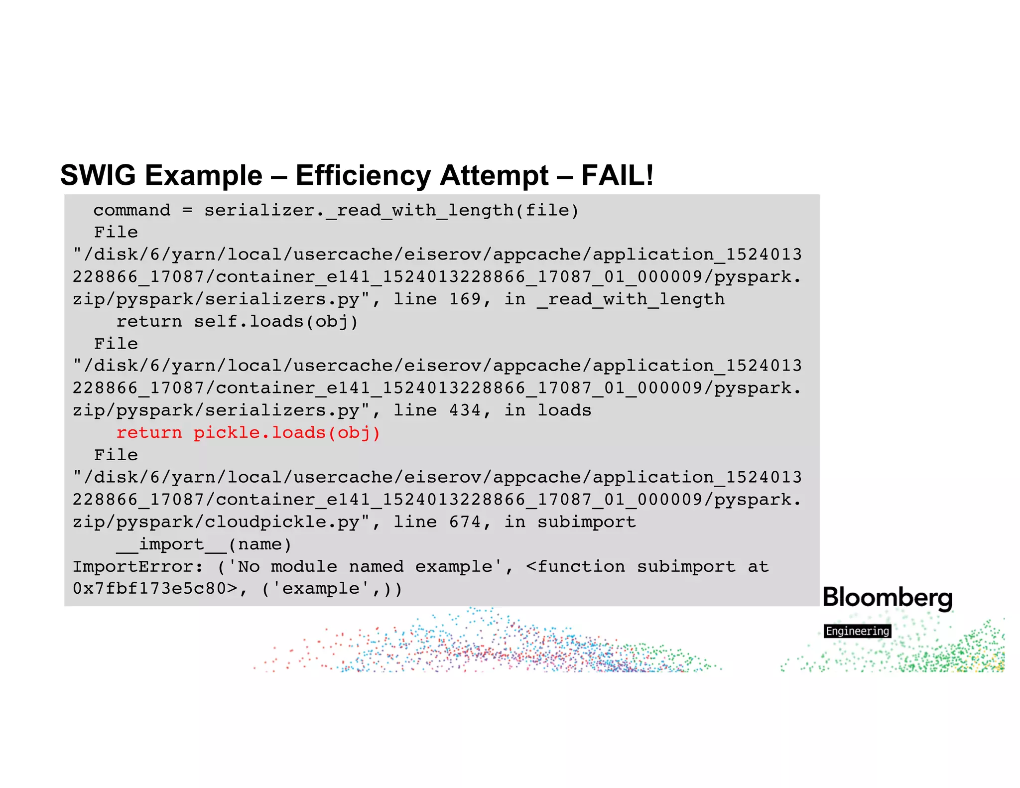 SWIG Example – Efficiency Attempt – FAIL!
command = serializer._read_with_length(file)
File
"/disk/6/yarn/local/usercache/eiserov/appcache/application_1524013
228866_17087/container_e141_1524013228866_17087_01_000009/pyspark.
zip/pyspark/serializers.py", line 169, in _read_with_length
return self.loads(obj)
File
"/disk/6/yarn/local/usercache/eiserov/appcache/application_1524013
228866_17087/container_e141_1524013228866_17087_01_000009/pyspark.
zip/pyspark/serializers.py", line 434, in loads
return pickle.loads(obj)
File
"/disk/6/yarn/local/usercache/eiserov/appcache/application_1524013
228866_17087/container_e141_1524013228866_17087_01_000009/pyspark.
zip/pyspark/cloudpickle.py", line 674, in subimport
__import__(name)
ImportError: ('No module named example', <function subimport at
0x7fbf173e5c80>, ('example',))
 