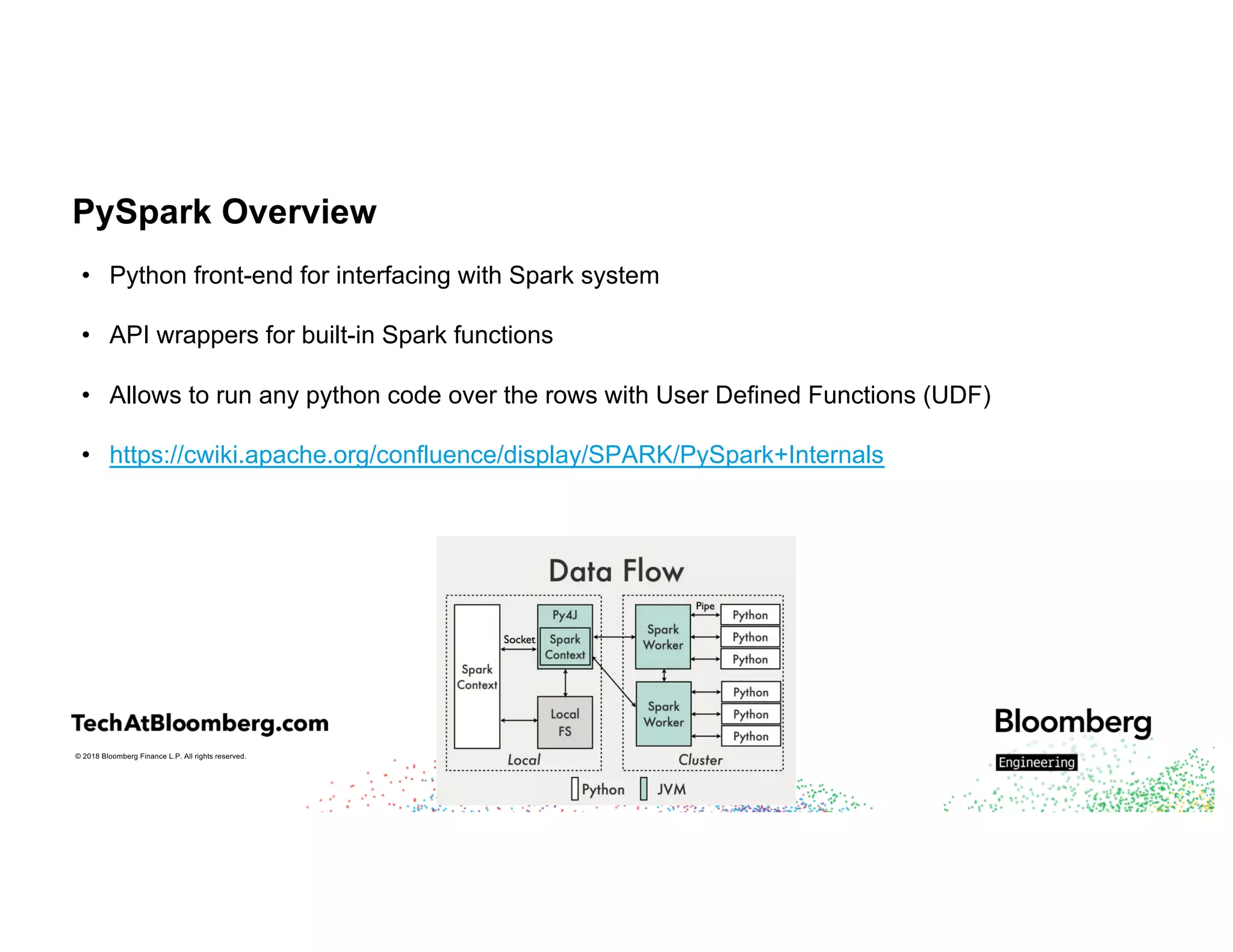 © 2018 Bloomberg Finance L.P. All rights reserved.
PySpark Overview
• Python front-end for interfacing with Spark system
• API wrappers for built-in Spark functions
• Allows to run any python code over the rows with User Defined Functions (UDF)
• https://cwiki.apache.org/confluence/display/SPARK/PySpark+Internals
 