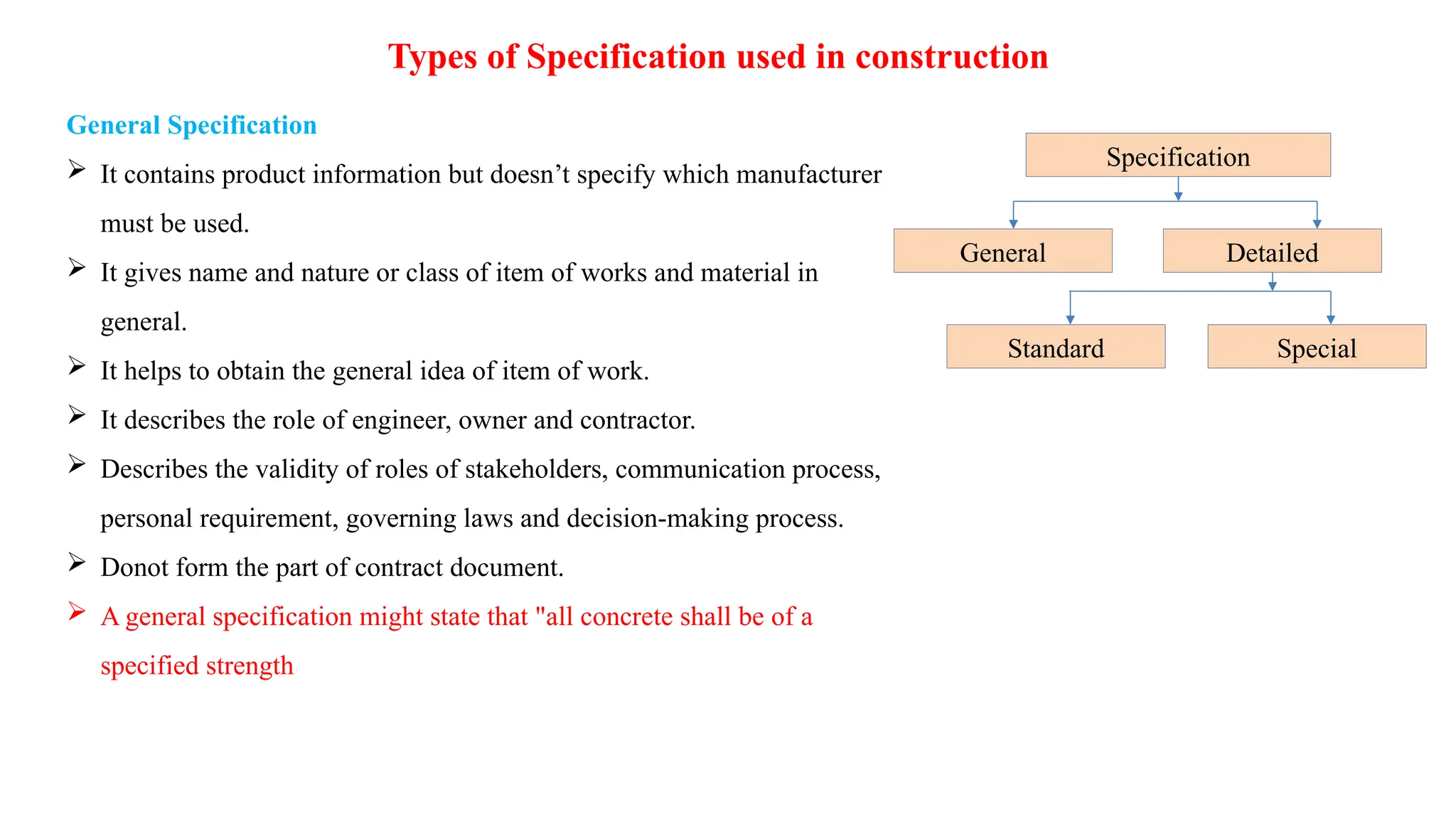 Types of Specification used in construction
General Specification
 It contains product information but doesn’t specify which manufacturer
must be used.
 It gives name and nature or class of item of works and material in
general.
 It helps to obtain the general idea of item of work.
 It describes the role of engineer, owner and contractor.
 Describes the validity of roles of stakeholders, communication process,
personal requirement, governing laws and decision-making process.
 Donot form the part of contract document.
 A general specification might state that "all concrete shall be of a
specified strength
Specification
General Detailed
Standard Special
 