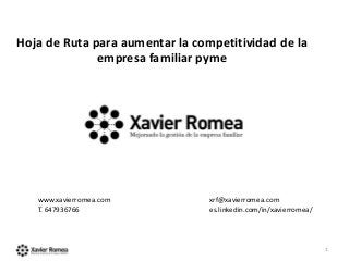 1
www.xavierromea.com
T. 647936766
xrf@xavierromea.com
es.linkedin.com/in/xavierromea/
Hoja de Ruta para aumentar la competitividad de la
empresa familiar pyme
 
