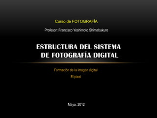 Curso de FOTOGRAFÍA

  Profesor: Francisco Yoshimoto Shimabukuro



ESTRUCTURA DEL SISTEMA
 DE FOTOGRAFÍA DIGITAL
        Formación de la imagen digital
                   El pixel




                 Mayo, 2012
 