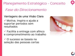 Planejamento Estratégico - Conceito
Fase do Direcionamento
Vantagens de uma Visão Clara
 Motiva, inspira e ajuda a
suportar períodos sem
resultados
 Facilita a entrega com afinco
e comprometimento ao trabalho
 O sucesso se baseia na
seleção das pessoas certas
 