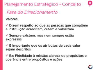Planejamento Estratégico - Conceito
Fase do Direcionamento
Valores

 Dizem respeito ao que as pessoas que compõem
a instituição acreditam, crêem e valorizam

 Sempre existem, mas nem sempre estão
expressos

 É importante que os atributos de cada valor
sejam descritos

 Ex: Fidelidade à missão: clareza de propósitos e
coerência entre propósitos e ações
 