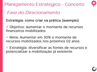 Planejamento Estratégico - Conceito
Fase do Direcionamento
Estratégia: como criar na prática (exemplo)

 Objetivo: aumentar o montante de recursos
financeiros mobilizados

 Meta: Aumentar em 30% o montante de
recursos mobilizados nos próximos 02 anos

 Estratégia: diversificar as fontes de recursos e
potencializar a mobilização já existente
 
