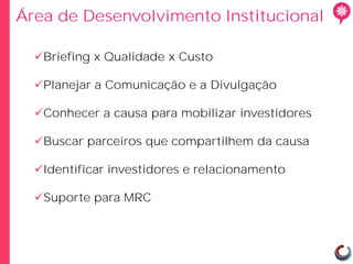 Área de Desenvolvimento Institucional

  Briefing x Qualidade x Custo

  Planejar a Comunicação e a Divulgação

  Conhecer a causa para mobilizar investidores

  Buscar parceiros que compartilhem da causa

  Identificar investidores e relacionamento

  Suporte para MRC
 