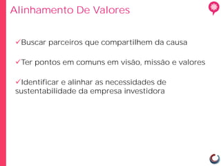 Alinhamento De Valores


Buscar parceiros que compartilhem da causa

Ter pontos em comuns em visão, missão e valores

Identificar e alinhar as necessidades de
sustentabilidade da empresa investidora
 
