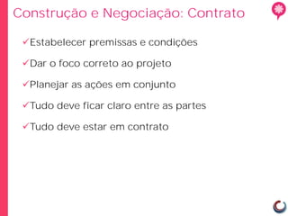 Construção e Negociação: Contrato

 Estabelecer premissas e condições

 Dar o foco correto ao projeto

 Planejar as ações em conjunto

 Tudo deve ficar claro entre as partes

 Tudo deve estar em contrato
 