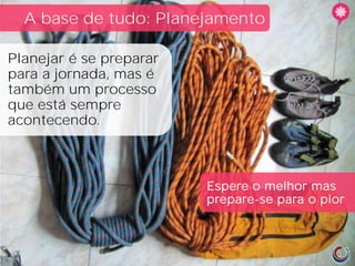A base de tudo: Planejamento

Planejar é se preparar
para a jornada, mas é
também um processo
que está sempre
acontecendo.



                         Espere o melhor mas
                         prepare-se para o pior
 