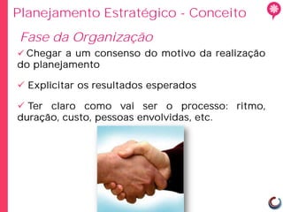 Planejamento Estratégico - Conceito
Fase da Organização
 Chegar a um consenso do motivo da realização
do planejamento

 Explicitar os resultados esperados

 Ter claro como vai ser o processo: ritmo,
duração, custo, pessoas envolvidas, etc.
 