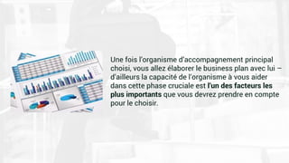 Une fois l’organisme d’accompagnement principal
choisi, vous allez élaborer le business plan avec lui –
d’ailleurs la capacité de l’organisme à vous aider
dans cette phase cruciale est l’un des facteurs les
plus importants que vous devrez prendre en compte
pour le choisir.
 