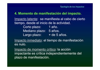 Tipología de los impactos


4. Momento de manifestación del impacto.
Impacto latente: se manifiesta al cabo de cierto
        latente:
tiempo, desde el inicio de la actividad.
     Corto plazo:       1 año.
     Mediano plazo: 5 años.
     Largo plazo:       + de 5 años.
Impacto inmediato: el tiempo de manifestación
         inmediato:
es nulo.
Impacto de momento crítico: la acción
                       crítico:
impactante es crítica independientemente del
plazo de manifestación.
 