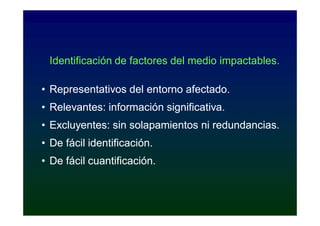 Identificación de factores del medio impactables.

• Representativos del entorno afectado.
• Relevantes: información significativa.
• Excluyentes: sin solapamientos ni redundancias.
• De fácil identificación.
• De fácil cuantificación.
 