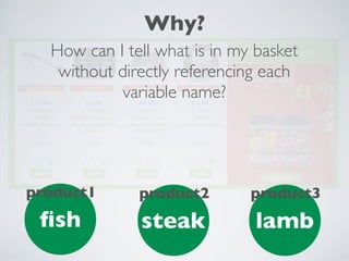 Why?
ﬁsh
product1
steak
product2
lamb
product3
How can I tell what is in my basket
without directly referencing each
varia...
