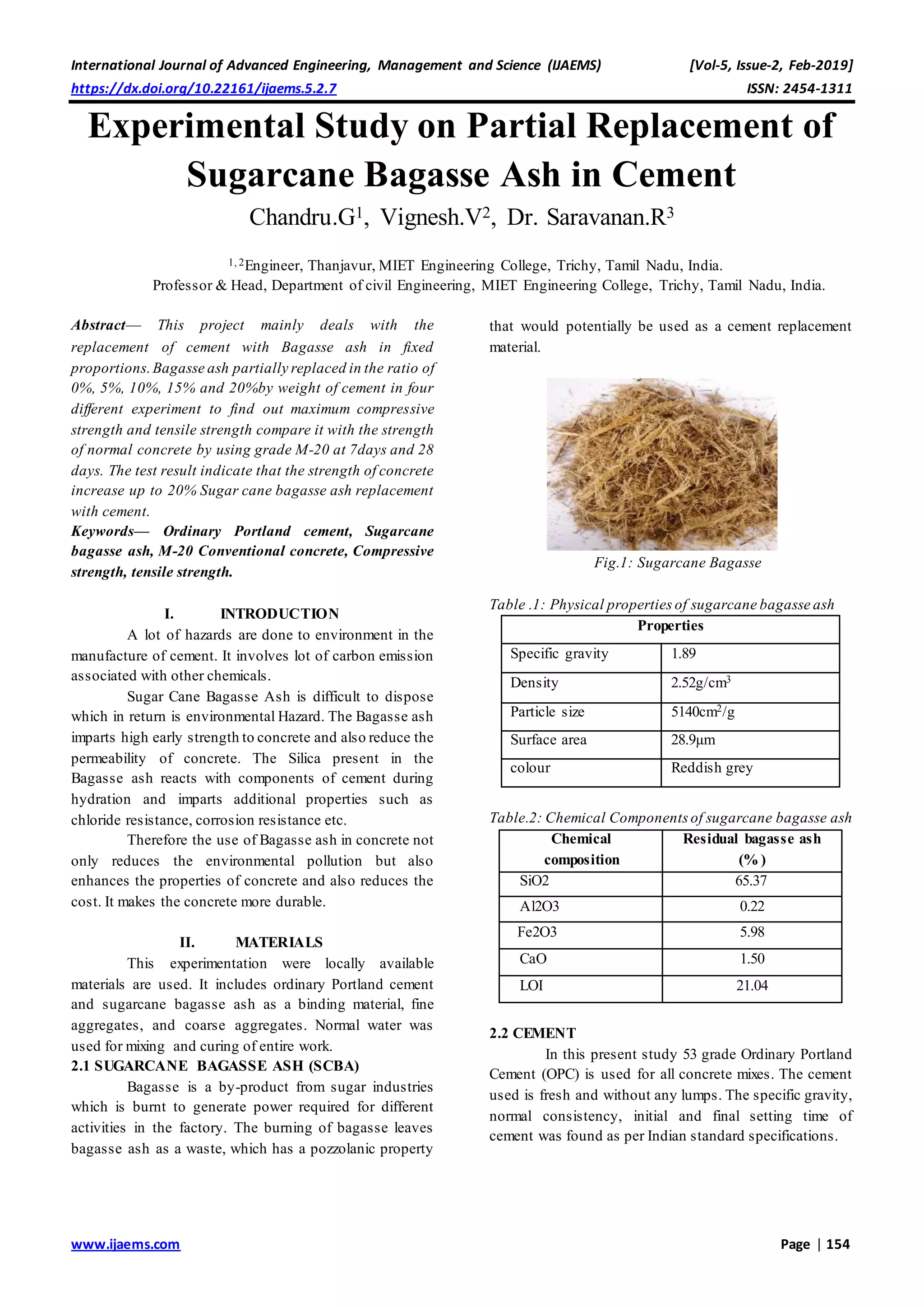 Experimental Study on Partial Replacement of Sugarcane Bagasse Ash in ...