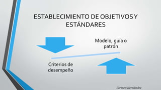 ESTABLECIMIENTO DE OBJETIVOSY
ESTÁNDARES
Carmen Hernández
Modelo, guía o
patrón
Criterios de
desempeño
 