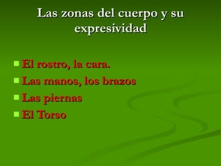 Las zonas del cuerpo y su expresividad El rostro, la cara. Las manos, los brazos Las piernas El Torso 