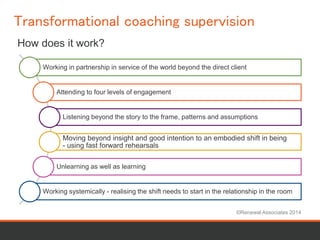 Transformational coaching supervision 
How does it work? 
Working in partnership in service of the world beyond the direct client 
©Renewal Associates 2014 
Attending to four levels of engagement 
Listening beyond the story to the frame, patterns and assumptions 
Moving beyond insight and good intention to an embodied shift in being 
- using fast forward rehearsals 
Unlearning as well as learning 
Working systemically - realising the shift needs to start in the relationship in the room 
 