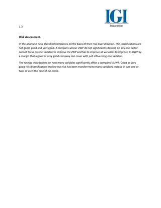 1.3
Risk Assessment.
In the analysis I have classified companies on the basis of their risk diversification. The classifications are
not good, good and very good. A company whose UWP do not significantly depend on any one factor
cannot focus on one variable to improve its UWP and has to improve all variables to improve its UWP by
a margin that a good or very good company can cover with just influencing one variable.
The ratings thus depend on how many variables significantly affect a company’s UWP. Good or very
good risk diversification implies that risk has been transferred to many variables instead of just one or
two, or as in the case of IGI, none.
 