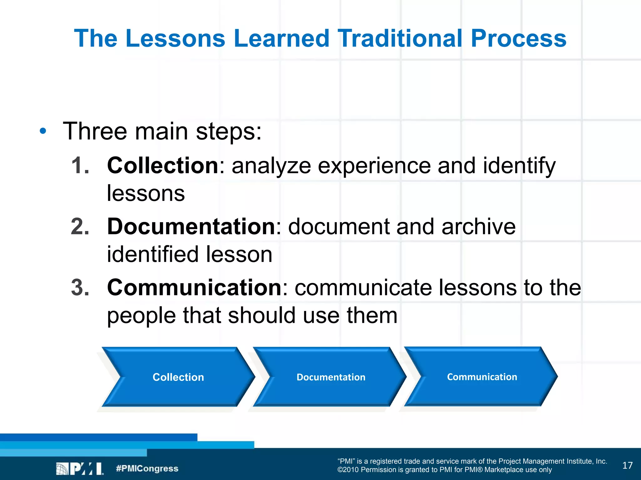 “PMI” is a registered trade and service mark of the Project Management Institute, Inc.
©2010 Permission is granted to PMI for PMI® Marketplace use only
The Lessons Learned Traditional Process
• Three main steps:
1. Collection: analyze experience and identify
lessons
2. Documentation: document and archive
identified lesson
3. Communication: communicate lessons to the
people that should use them
17
Collection Documentation Communication
 