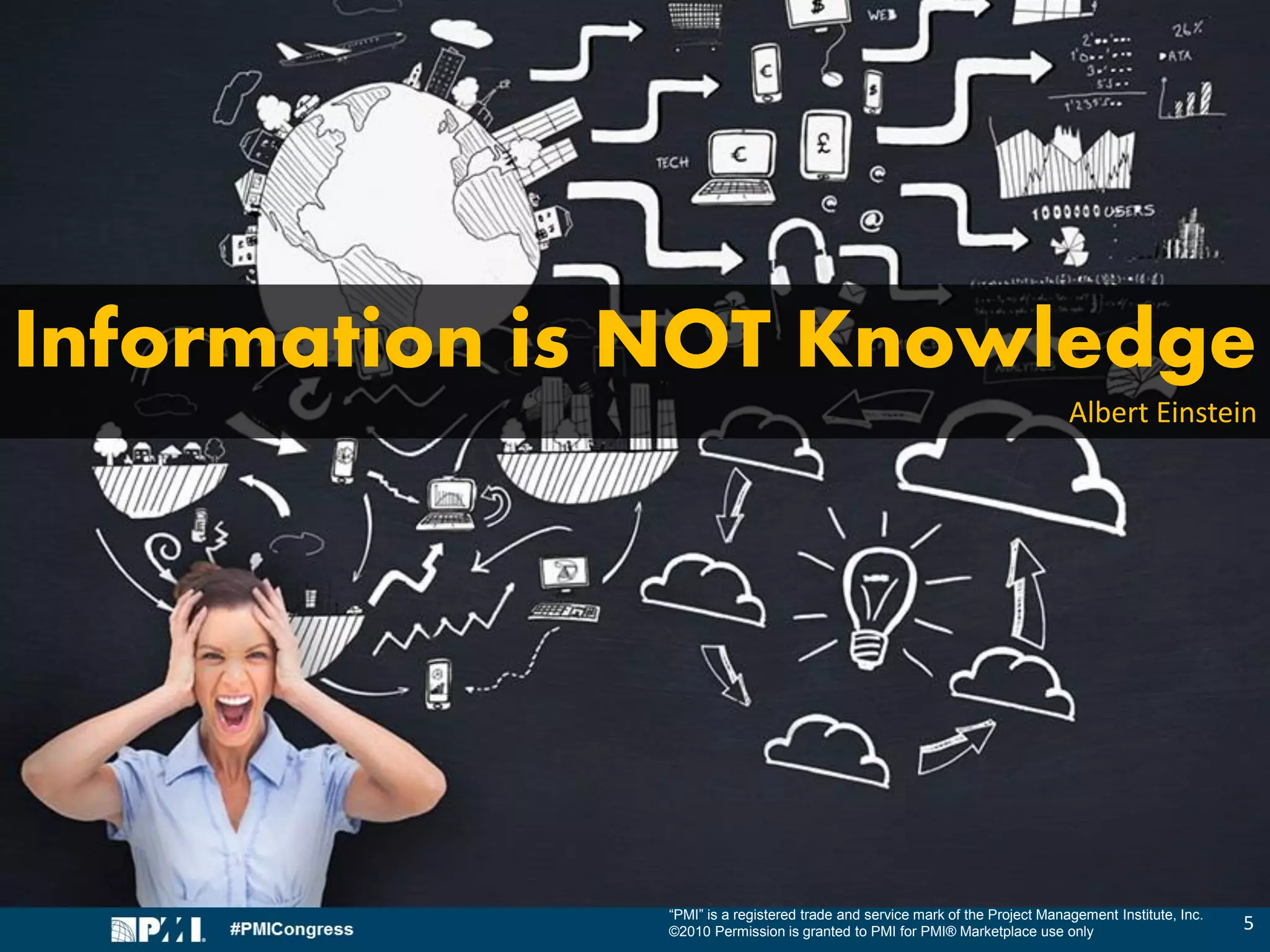 “PMI” is a registered trade and service mark of the Project Management Institute, Inc.
©2010 Permission is granted to PMI for PMI® Marketplace use only
Information is NOT Knowledge
Albert Einstein
5
 