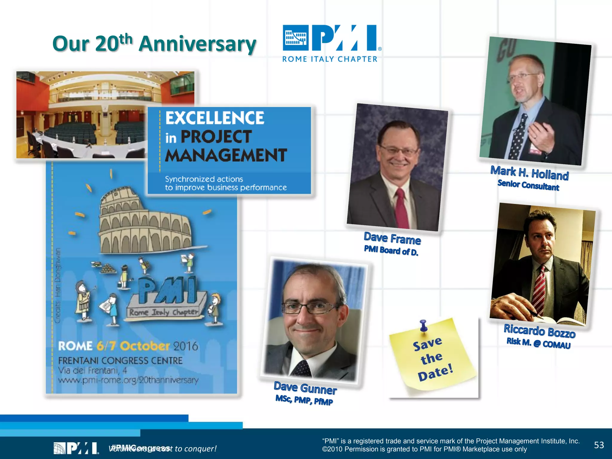 “PMI” is a registered trade and service mark of the Project Management Institute, Inc.
©2010 Permission is granted to PMI for PMI® Marketplace use only 53
Our 20th Anniversary
Volunteers: a cast to conquer!
 