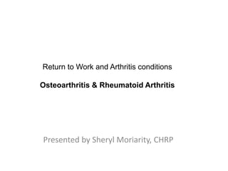 Presented by Sheryl Moriarity, CHRP
Return to Work and Arthritis conditions
Osteoarthritis & Rheumatoid Arthritis
 