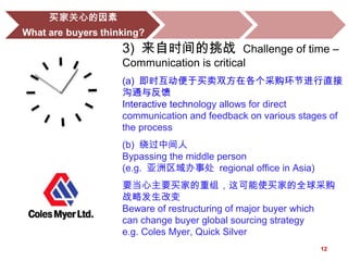 12
3) 来自时间的挑战 Challenge of time –
Communication is critical
(a) 即时互动便于买卖双方在各个采购环节进行直接
沟通与反馈
Interactive technology allows for direct
communication and feedback on various stages of
the process
(b) 绕过中间人
Bypassing the middle person
(e.g. 亚洲区域办事处 regional office in Asia)
要当心主要买家的重组，这可能使买家的全球采购
战略发生改变
Beware of restructuring of major buyer which
can change buyer global sourcing strategy
e.g. Coles Myer, Quick Silver
 