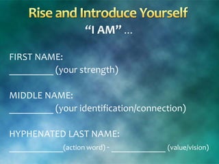 “I AM” …
FIRST NAME:
_________ (your strength)
MIDDLE NAME:
_________ (your identification/connection)
HYPHENATED LAST NAME:
___________(action word) - ___________ (value/vision)
 