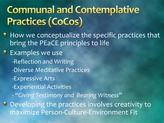 How we conceptualize the specific practices that
bring the PEaCE principles to life
Examples we use
-Reflection and Writing
-Diverse Meditative Practices
-Expressive Arts
-Experiential Activities
- “Giving Testimony and Bearing Witness”
Developing the practices involves creativity to
maximize Person-Culture-Environment Fit
 