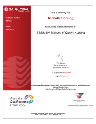 This is to certify that
has fulfilled the requirements forDATED
Certificate Number
Registered Training Organisation No. 106919
SAI Global, 680 George Street, Sydney NSW 2000 Australia
ABN: 67 050 611 642 Phone: 1300 727 444
A summary of the employability skills developed through this qualification can
be downloaded from
http://employabilityskills.training.com.au
Tim Jacob
General Manager
Assurance Services
1812SAI
BSB51607 Diploma of Quality Auditing
14-05-2015
Michelle Horning
 