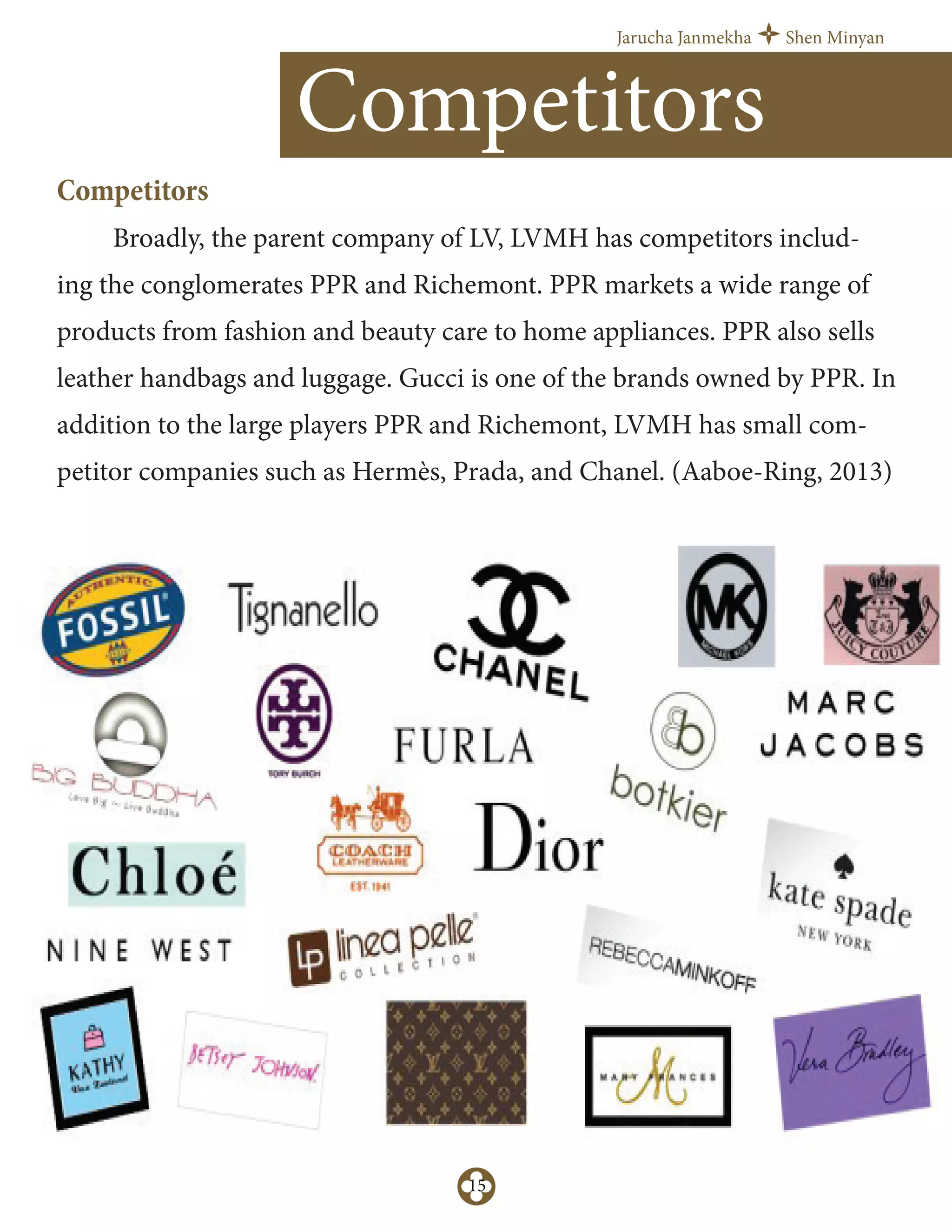 Jarucha Janmekha Shen Minyan
15
Competitors
Broadly, the parent company of LV, LVMH has competitors includ-
ing the conglomerates PPR and Richemont. PPR markets a wide range of
products from fashion and beauty care to home appliances. PPR also sells
leather handbags and luggage. Gucci is one of the brands owned by PPR. In
addition to the large players PPR and Richemont, LVMH has small com-
petitor companies such as Hermès, Prada, and Chanel. (Aaboe-Ring, 2013)
Competitors
 