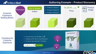 © 2016 TM Forum | 12
Authoring Example – Product Discovery
Customer
Experience
Building Blocks
Compiling the
Customer
Experience
Promotion
Add to Basket
button Price
Product
Image
 