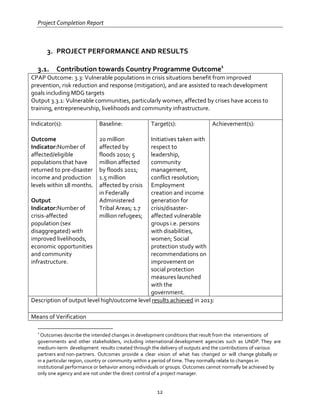 Project Completion Report
12
3. PROJECT PERFORMANCE AND RESULTS
3.1. Contribution towards Country Programme Outcome1
CPAP Outcome: 3.3: Vulnerable populations in crisis situations benefit from improved
prevention, risk reduction and response (mitigation), and are assisted to reach development
goals including MDG targets
Output 3.3.1: Vulnerable communities, particularly women, affected by crises have access to
training, entrepreneurship, livelihoods and community infrastructure.
Indicator(s):
Outcome
Indicator:Number of
affected/eligible
populations that have
returned to pre-disaster
income and production
levels within 18 months.
Output
Indicator:Number of
crisis-affected
population (sex
disaggregated) with
improved livelihoods,
economic opportunities
and community
infrastructure.
Baseline:
20 million
affected by
floods 2010; 5
million affected
by floods 2011;
1.5 million
affected by crisis
in Federally
Administered
Tribal Areas; 1.7
million refugees;
Target(s):
Initiatives taken with
respect to
leadership,
community
management,
conflict resolution;
Employment
creation and income
generation for
crisis/disaster-
affected vulnerable
groups i.e. persons
with disabilities,
women; Social
protection study with
recommendations on
improvement on
social protection
measures launched
with the
government.
Achievement(s):
Description of output level high/outcome level results achieved in 2013:
Means of Verification
1
Outcomes describe the intended changes in development conditions that result from the interventions of
governments and other stakeholders, including international development agencies such as UNDP. They are
medium-term development results created through the delivery of outputs and the contributions of various
partners and non-partners. Outcomes provide a clear vision of what has changed or will change globally or
in a particular region, country or community within a period of time. They normally relate to changes in
institutional performance or behavior among individuals or groups. Outcomes cannot normally be achieved by
only one agency and are not under the direct control of a project manager.
 