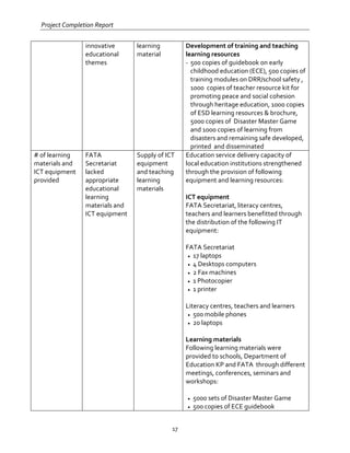 Project Completion Report
17
innovative
educational
themes
learning
material
Development of training and teaching
learning resources
- 500 copies of guidebook on early
childhood education (ECE), 500 copies of
training modules on DRR/school safety ,
1000 copies of teacher resource kit for
promoting peace and social cohesion
through heritage education, 1000 copies
of ESD learning resources & brochure,
5000 copies of Disaster Master Game
and 1000 copies of learning from
disasters and remaining safe developed,
printed and disseminated
# of learning
materials and
ICT equipment
provided
FATA
Secretariat
lacked
appropriate
educational
learning
materials and
ICT equipment
Supply of ICT
equipment
and teaching
learning
materials
Education service delivery capacity of
local education institutions strengthened
through the provision of following
equipment and learning resources:
ICT equipment
FATA Secretariat, literacy centres,
teachers and learners benefitted through
the distribution of the following IT
equipment:
FATA Secretariat
• 17 laptops
• 4 Desktops computers
• 2 Fax machines
• 1 Photocopier
• 1 printer
Literacy centres, teachers and learners
• 500 mobile phones
• 20 laptops
Learning materials
Following learning materials were
provided to schools, Department of
Education KP and FATA through different
meetings, conferences, seminars and
workshops:
• 5000 sets of Disaster Master Game
• 500 copies of ECE guidebook
 