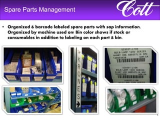 1
Spare Parts Management
• Organized & barcode labeled spare parts with sap information.
Organized by machine used on! Bin color shows if stock or
consumables in addition to labeling on each part & bin.
 