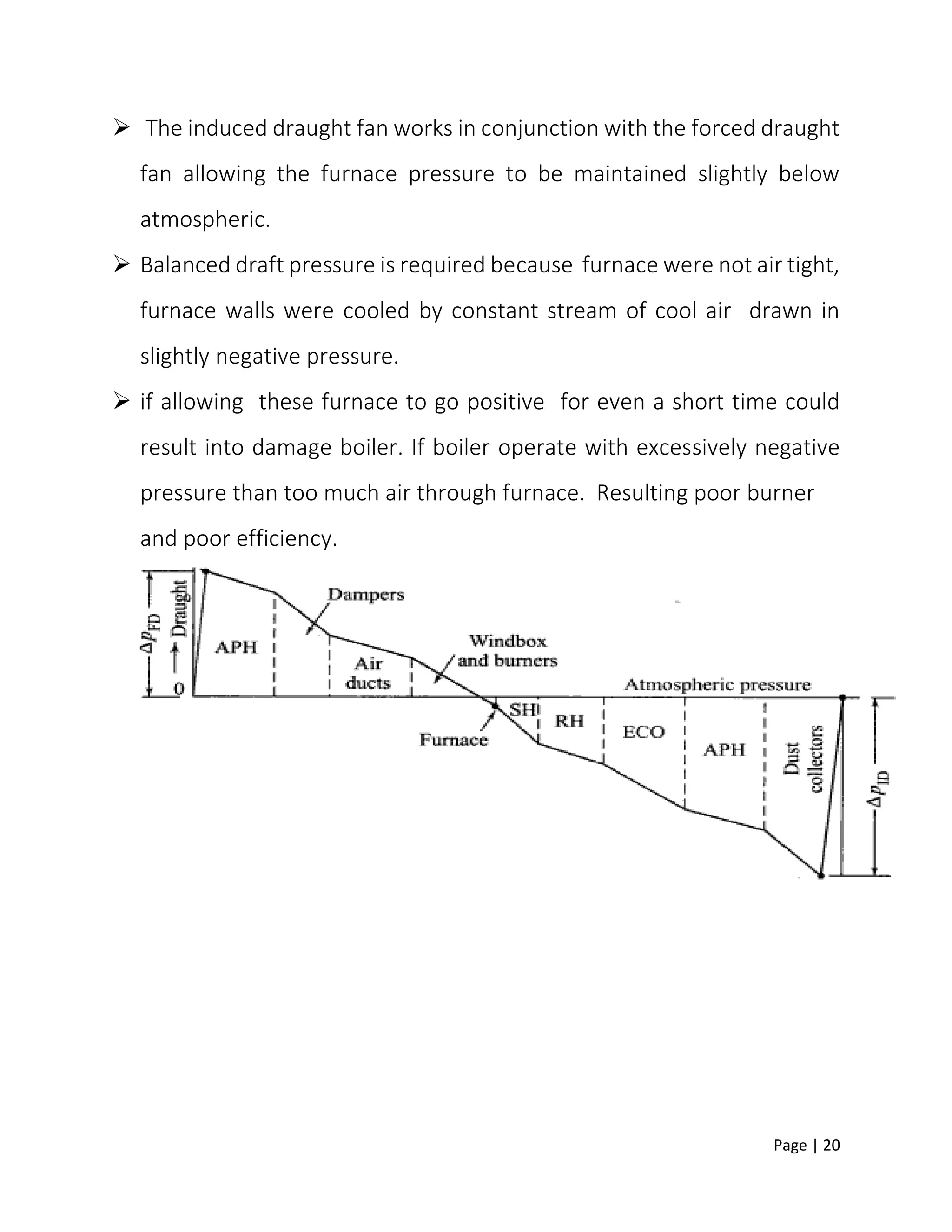 Page | 20
 The induced draught fan works in conjunction with the forced draught
fan allowing the furnace pressure to be maintained slightly below
atmospheric.
 Balanced draft pressure is required because furnace were not air tight,
furnace walls were cooled by constant stream of cool air drawn in
slightly negative pressure.
 if allowing these furnace to go positive for even a short time could
result into damage boiler. If boiler operate with excessively negative
pressure than too much air through furnace. Resulting poor burner
and poor efficiency.
 