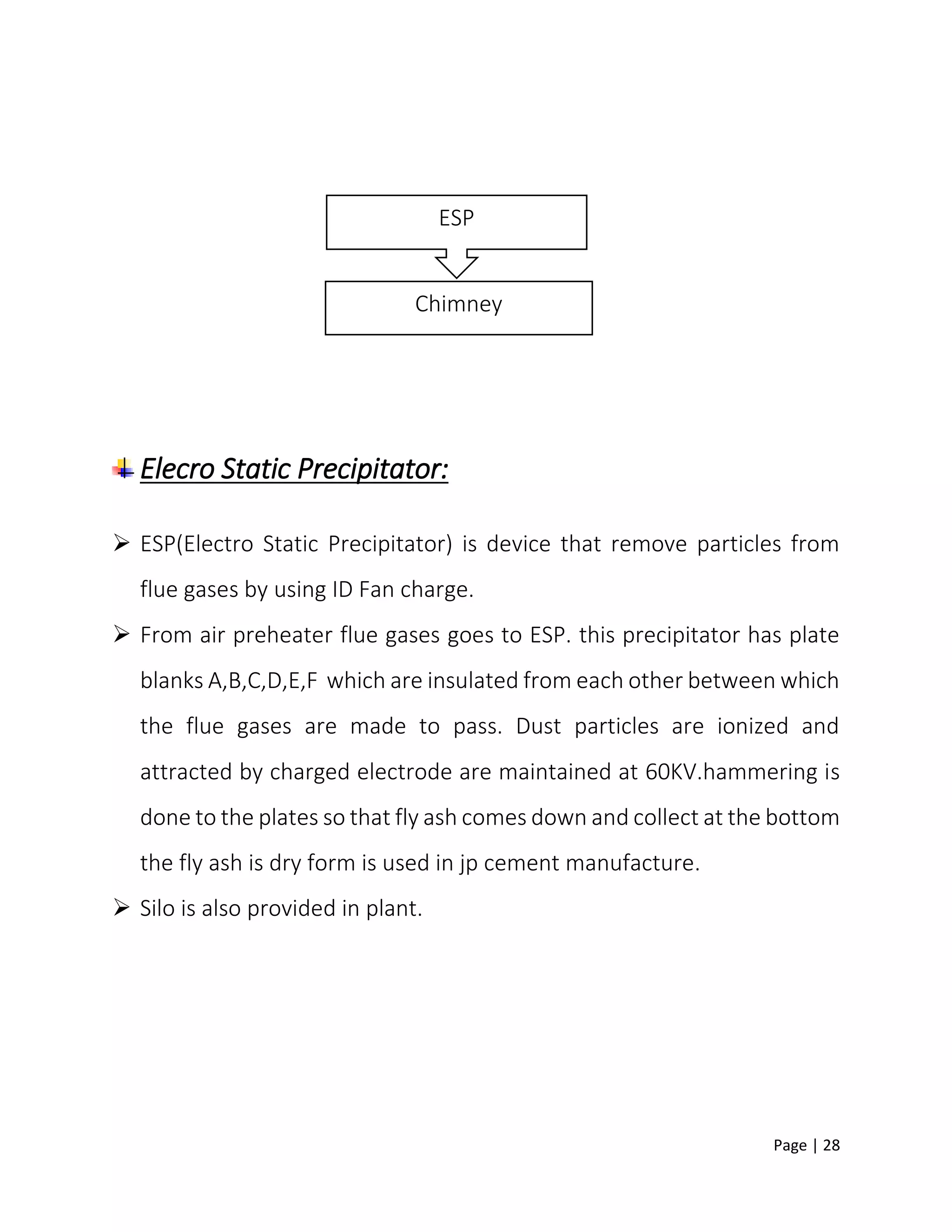 Page | 28
Elecro Static Precipitator:
 ESP(Electro Static Precipitator) is device that remove particles from
flue gases by using ID Fan charge.
 From air preheater flue gases goes to ESP. this precipitator has plate
blanks A,B,C,D,E,F which are insulated from each other between which
the flue gases are made to pass. Dust particles are ionized and
attracted by charged electrode are maintained at 60KV.hammering is
done to the plates so that fly ash comes down and collect at the bottom
the fly ash is dry form is used in jp cement manufacture.
 Silo is also provided in plant.
ESP
Chimney
 