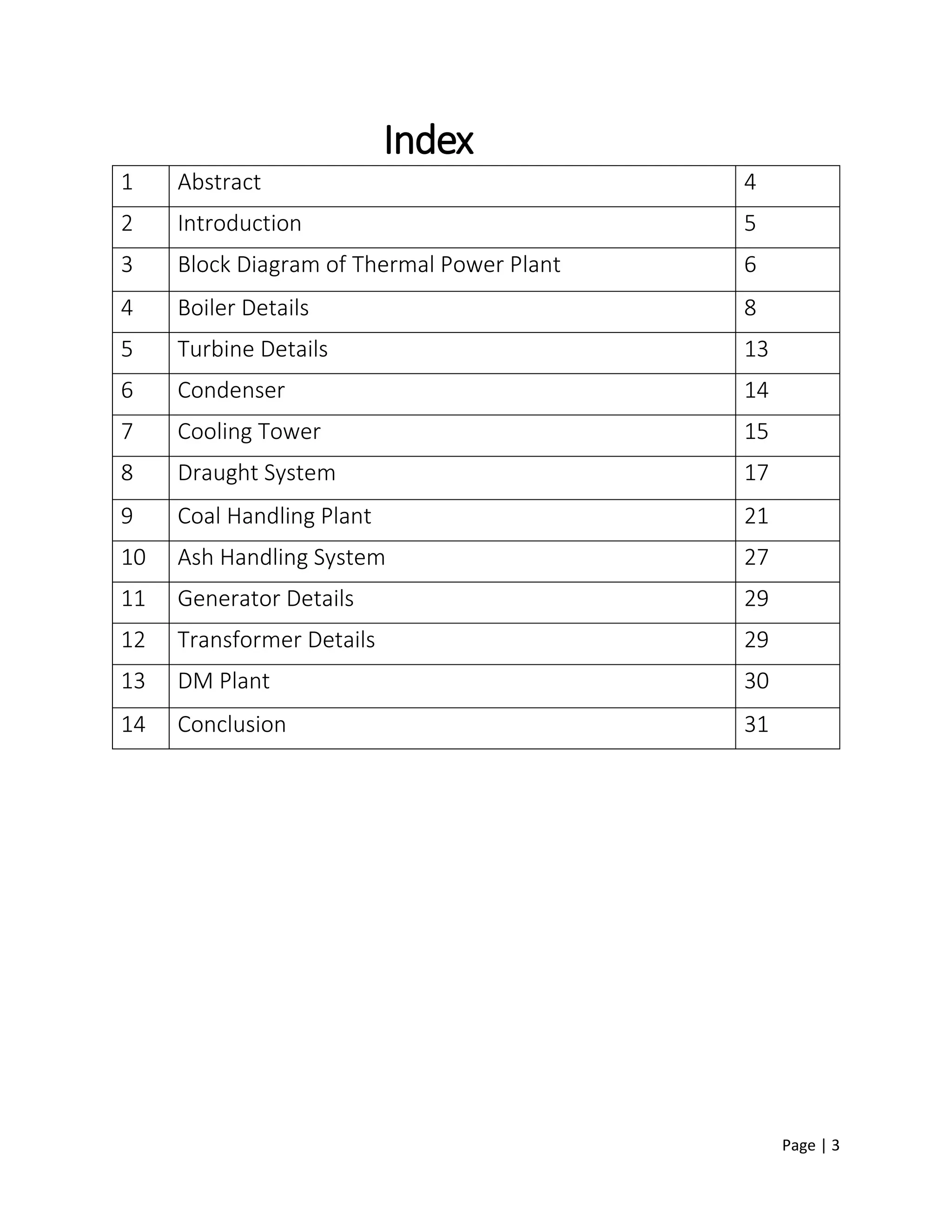 Page | 3
Index
1 Abstract 4
2 Introduction 5
3 Block Diagram of Thermal Power Plant 6
4 Boiler Details 8
5 Turbine Details 13
6 Condenser 14
7 Cooling Tower 15
8 Draught System 17
9 Coal Handling Plant 21
10 Ash Handling System 27
11 Generator Details 29
12 Transformer Details 29
13 DM Plant 30
14 Conclusion 31
 