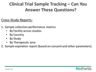Copyright © 2015
Clinical Trial Sample Tracking – Can You
Answer These Questions?
Cross-Study Reports:
1. Sample collectio...