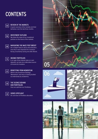 REVIEW OF THE MARKETS
A quick overview of the markets and their
behaviour over the last three months.
INVESTMENT OUTLOOK
We share the views of our investment
partners on the future of the markets.
NAVIGATING THE MAZE POST BREXIT
An in-depth feature about diversification,
and why it was important for investors
facing uncertainty during and after Brexit.
INCOME PORTFOLIOS
In an age of low interest rates on cash
deposits, we look at an alternative source
of income for investors.
BENEFITING FROM MOMENTUM
What is the Investment Strategy
‘Momentum’ and why is it being studied
so extensively by academics.
THE SCIENCE BEHIND
OUR PORTFOLIOS
How we optimise our Portfolios.
SERIES SPOTLIGHT
An overview of Portfolio allocation.
CONTENTS
06
04
22
16
30
08
32
06
08
05
22
 