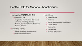 Seattle Help for Mariana - beneficiaries
Municipality of ALPERCATA (MG)
 Population 7,000
 Neighboring municipalities - Governador
Valadares, Tumiritinga, Capitão
Andrade, Engenheiro Caldas, Fernandes
Tourinho, Sobrália.
Supporting Agency
 Baptist Convention of Minas Gerais
 World Vision International
Main Needs:
 Drinking Water
 Mattresses
 Kitchen Supplies (bowls, pots, cutlery)
 Linens, clothing
 Hygiene Kits
 Food Parcels
 Cookers, Refrigerators
 