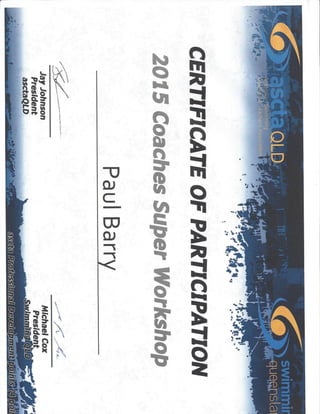 Swim Qld Coaches Super Workshop Certificate