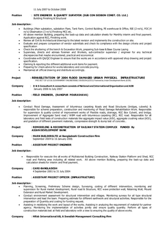 11 July 2007 to October 2008
Position : SITE ENGINEER & QUANITY SURVEYOR (SUB CON SEOBON CONST. CO. Ltd.)
Building Finishing & Structural
Job description :
 Buildings (Main substation, substation Flare, Tank Farm, Control Building, PE warehouse & Office, RIE (2 no’s), FOC (4
no’s) Observation (3 no’s) Finishing MCC etc.
 All above mention Building, preparing the back-up data and calculation sheets for Monthly interim and final payment.
Application against RCC, Finishing work.
 Review all Civil & Architectural drawings to the latest revision and implements the construction on site.
 Evaluate and prepare comparison of vendor submittals and check its compliance with the design criteria and project
specification
 Check the shuttering of the trench & Excavation Work, preparing Sub-base & Base Course Laying
 Supervises, directs and advises foremen and Workers, sub-contractor supervisor / engineer for any technical
discrepancies that maybe encountered, practical and economical.
 Coordinates with QA/QC Engineer to ensure that the works are in accordance with approved shop drawing and project
specification.
 Claiming & reporting the different additional work items for payment.
 Preparing for check advice for works laboratory and concrete pouring.
 Maintained all official drawing and distribute accordingly.
Project : REHABILITATION OF 2004 FLOOD DAMAGED URBAN PHYSICAL INFRASTRUCTURE
PRO JECT OF LO CAL GOVERNMENT ENGINEERING DIVISION (LGED) Financed by A sian Development Bank (A DB)
Company : D & S Consultant A consortium consists of National and International Organization and ADB
January 2006 to July 2007
Position : FIELD ENGINEER, (RANGPUR POURASHAVA)
Job description:
 Conduct Flood Damage, Assessment of bituminous carpeting Roads and Road Structures (bridges, culverts) &
responsible for scheme preparation, construction and monitoring of Flood Damage Rehabilitation Work. Responsible
for supervision & quality control of improvement works of Flexible roads, drainage, RCC Box Culvert, and bridge,
Improvement of Aggregate Sand road / WBM road with bituminous carpeting (BC), RCC road. Responsible for all
laboratory and field tests of construction materials like aggregate impact value (AIV), aggregate crushing value (ACV),
and gradation of different pavement materials, compressive strength & slump test of concrete..
Project : REMODELING & RECONSTRUCTION OF RAILWAY STATION COMPLEX FUNDED By
ASIAN DEVELOPMENT BANK
Company : MARK BUILDERSLTD at Bangladeshi Construction Firm
September 2004 to 16 January 2006
Position : ASSISTANT PROJECT ENGINEER
Job description :
 Responsible for execute the all works of Multistoried Building Construction, Railway Station Platform and Shed, RCC
road and Parking area including all related work. All above mention Building, preparing the back-up data and
calculation sheets for interim and final payment.
Company : CARE-BANGLADESH
4 September 2001 to 31 July 2004
Position : ASSISTANT PROJECT OFFICER (INFRASTRUCTURE)
Job description :
 Planning, Screening, Preliminary Scheme design, Surveying, costing of different intervention, monitoring and
supervision for Rural market development, Rural road & Structure, RCC wave protection wall, Retaining Wall, Mound
Extension and Rural Market Development.
 Conduct environment assessment for structural intervention and villages. Monitoring surveys for all type structural
intervention and lead the team. Preparing estimate for different earthwork and structural activities. Responsible for the
preparation of Quantity and costing for funding request.
 Assisting in mobilizing the work and layout of the works. Assisting in analyzing the requirement of material for partner
agency. Monitoring the implementation of activities jointly and ensure quality quantity. Perform all types of
construction materials test at field and laboratory with a view to ensuring the quality of above works.
Company : Hifab International AB, A Swedish Management Consulting Firm
 