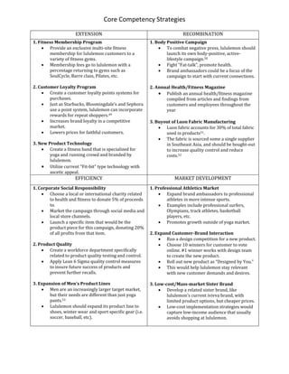 EXTENSION RECOMBINATION
1. Fitness Membership Program
 Provide an exclusive multi-site fitness
membership for lululemon customers to a
variety of fitness gyms.
 Membership fees go to lululemon with a
percentage returning to gyms such as
SoulCycle, Barre class, Pilates, etc.
2. Customer Loyalty Program
 Create a customer loyalty points systems for
purchases.
 Just as Starbucks, Bloomingdale’s and Sephora
use a point system, lululemon can incorporate
rewards for repeat shoppers.49
 Increases brand loyalty in a competitive
market.
 Lowers prices for faithful customers.
3. New Product Technology
 Create a fitness band that is specialized for
yoga and running crowd and branded by
lululemon.
 Utilize current “Fit-bit” type technology with
ascetic appeal.
1. Body Positive Campaign
 To combat negative press, lululemon should
launch its own body-positive, active-
lifestyle campaign.50
 Fight “Fat-talk”, promote health.
 Brand ambassadors could be a focus of the
campaign to start with current connections.
2. Annual Health/Fitness Magazine
 Publish an annual health/fitness magazine
compiled from articles and findings from
customers and employees throughout the
year
3. Buyout of Luon Fabric Manufacturing
 Luon fabric accounts for 30% of total fabric
used in products51.
 The fabric is sourced some a single supplier
in Southeast Asia, and should be bought-out
to increase quality control and reduce
costs.52
EFFICIENCY MARKET DEVELOPMENT
1. Corporate Social Responsibility
 Choose a local or international charity related
to health and fitness to donate 5% of proceeds
to.
 Market the campaign through social media and
local store channels.
 Launch a specific item that would be the
product piece for this campaign, donating 20%
of all profits from that item.
2. Product Quality
 Create a workforce department specifically
related to product quality testing and control.
 Apply Lean 6 Sigma quality control measures
to insure future success of products and
prevent further recalls.
3. Expansion of Men’s Product Lines
 Men are an increasingly larger target market,
but their needs are different than just yoga
pants.53
 Lululemon should expand its product line to
shoes, winter wear and sport specific gear (i.e.
soccer, baseball, etc).
1. Professional Athletics Market
 Expand brand ambassadors to professional
athletes in more intense sports.
 Examples include professional surfers,
Olympians, track athletes, basketball
players, etc.
 Promotes growth outside of yoga market.
2. Expand Customer-Brand Interaction
 Run a design competition for a new product.
 Choose 10 winners for customer to vote
online. #1 winner works with design team
to create the new product.
 Roll out new product as “Designed by You.”
 This would help lululemon stay relevant
with new customer demands and desires.
3. Low-cost/Mass-market Sister Brand
 Develop a related sister brand, like
lululemon’s current ivivva brand, with
limited product options, but cheaper prices.
 Low-cost implementation strategies would
capture low-income audience that usually
avoids shopping at lululemon.
Core Competency Strategies
 