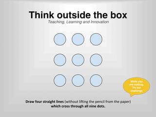 Think outside the box
Draw%four%straight%lines%(without(li*ing(the(pencil(from(the(paper)(
which%cross%through%all%nine%dots.%
Teaching, Learning and Innovation!
(
While you
are waiting. 
Try our
challenge
 