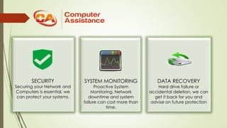 SECURITY
Securing your Network and
Computers is essential, we
can protect your systems.
SYSTEM MONITORING
Proactive System
Monitoring. Network
downtime and system
failure can cost more than
time.
DATA RECOVERY
Hard drive failure or
accidental deletion, we can
get it back for you and
advise on future protection
 