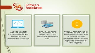 WEBSITE DESIGN
Want a website for your
business from an
experienced company?
DATABASE APPS
Need a data driven
application for office or
web.
MOBILE APPLICATIONS
Mobile applications for your
on site staff. We can
develop mobile applications
to provide information at
their fingertips.
 