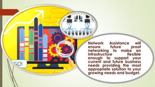 Network Assistance will
ensure future proof
networking to make an
infrastructure flexible
enough to support your
current and future business
needs providing the most
appropriate solution to your
growing needs and budget.
 