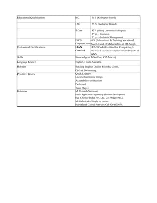 Educational Qualification SSC 51% (Kolhapur Board)
HSC 55 % (Kolhapur Board)
B.Com 45% (Shivaji University Kolhapur)
2nd
yr. – Insurance.
3rd
yr. – Industrial Management
DPCS
Computer Course
69% (Educational & Training Vocational
Board, Govt. of Maharashtra at ITI, Sangli
Professional Certifications LEAN
Certified
LEAN Cadet Certified for Completing 3
Process & Accuracy Improvement Projects at
WNS.
Skills Knowledge of MS-office, VBA Macro)
Language Known English, Hindi, Marathi.
Hobbies Reading English Dailies & Books, Chess,
Cricket, Swimming.
Positive Traits Quick Learner
Likes to learn new things
Adaptability to situation
Dedicated
Team Player
Reference Mr.Prakash Sardesai,
Head – Application Engineering & Business Development.
Sud-Chemie India Pvt. Ltd. Cel-9822019112.
Mr.Kulwinder Singh, Sr. Director.
Sutherland Global Services. Cel-9764975679.
 